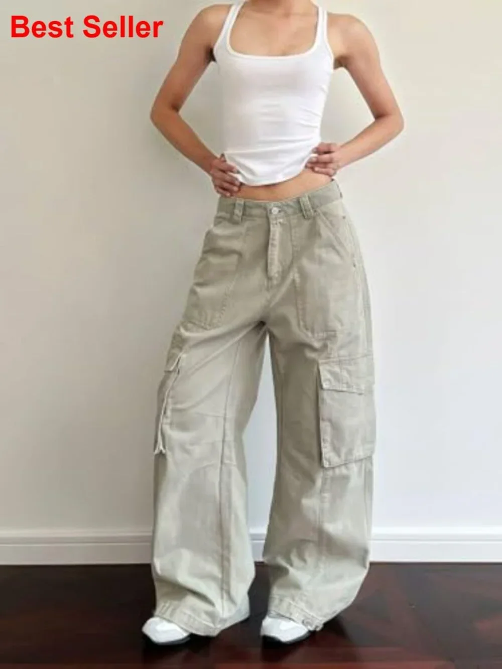 Cotton Polycotton Cargo Pants High Waisted Baggy Wide Leg - Picture 3 of 6